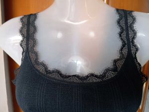 Black Ribbed Lace Trim Crop Top