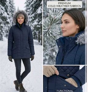 Warm Navy Puffer Jacket with Fur Hood