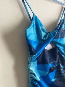 Blue Abstract Print Ruched Mini Bodycon Dress
