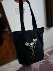 Black Tote Bag with Daisy Embroidery