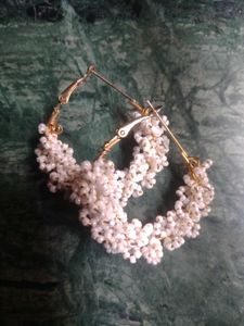 Elegant White Beaded Hoop Earrings