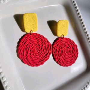 Handmade Red Swirl Earrings with Yellow Tops