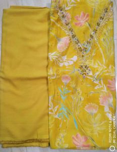 Yellow modal silk handwork suit with  muslin d