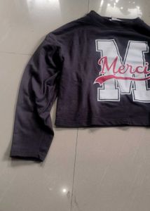 Grey "Merci" Graphic Cropped Long Sleeve Top