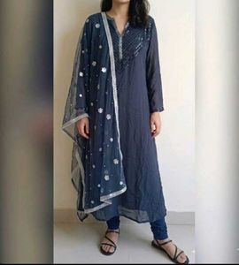 Elegant Grey-Blue Kurta Set with Sequins