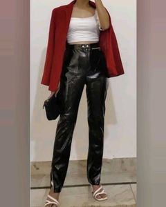 Shiny Black High-Waisted Pants and maroon top