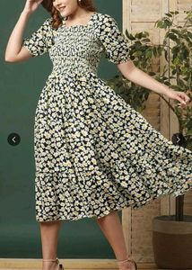 Daisy Print Smocked Square Neck Dress