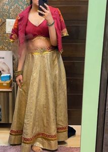 Designer Gold &amp; Maroon Banarasi Lehenga Set