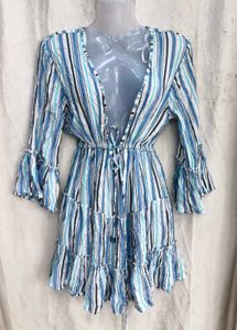 439. Blue Striped Ruffle Mini Dress