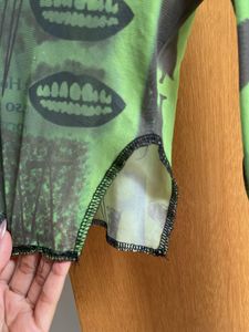 Green Graphic Print Mesh Long Sleeve Top