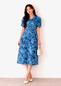 Fig Blue Floral Midi Dress with Collar