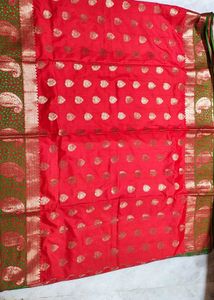 Vibrant Red Silk Saree with Green Border