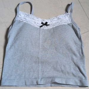 Grungy Gray Ribbed Camisole with Lace Trim