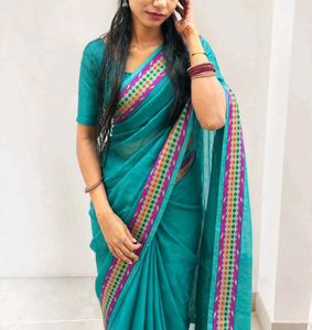 Beautiful Teal Saree with Colorful Border