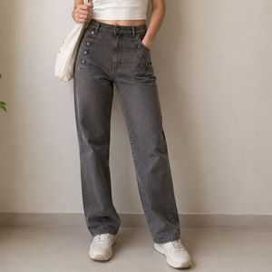 Stylish black Button-Up straight -Leg Jeans