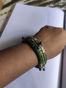 Boho Green Floral Bangle with Bells