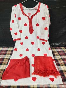 White Kurta Set with Red Hearts