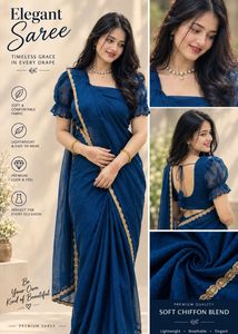 Elegant Blue Saree with Puff Sleeves