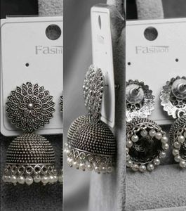 Oxidized Silver Jhumka Earrings with Pearls