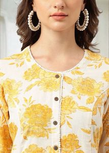 Prited A Line Kurta in Off White and Mustard