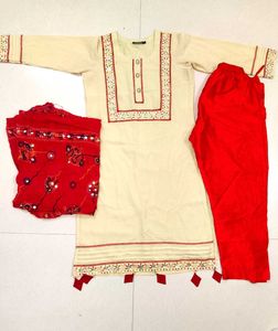 Cream Kurta with Red Pants &amp; Dupatta