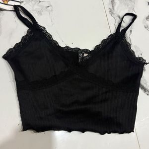 Black Lace Trim Ribbed Crop Top