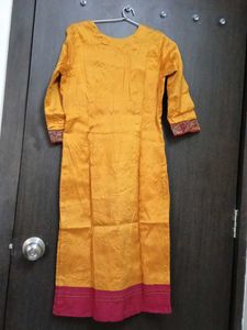 Orange Silk Kurta with Embroidered Neckline