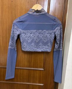 Sheer Lace Crop Detail Mesh Top/ Blouse