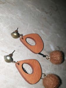 Wooden Teardrop Earrings with Pom Poms