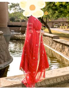 Vibrant Red Anarkali suit. brand name "Aacho"".