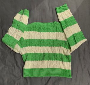 Green &amp; Cream Striped Cable Knit Sweater