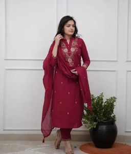 Maroon Embroidered Kurta Set