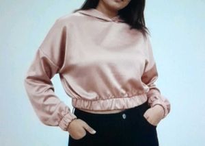 Pink Satin Cropped Hoodie