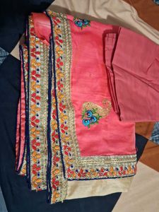 Coral Saree with golden blouse piece