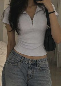 White Ribbed Zip-Neck Top