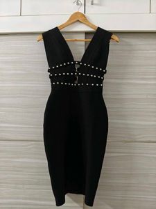 Black Studded V-Neck Bandage Dress