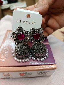 Oxidised Silver Jhumka Earrings with Red Stone