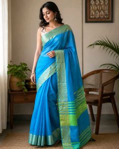 Vibrant Blue Saree with Green Border