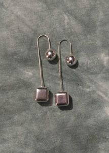 Silver Tone Ball & Cube Drop Earrings