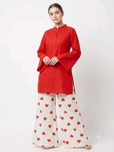 Vibrant Red Kurta with Heart Printed Palazzos