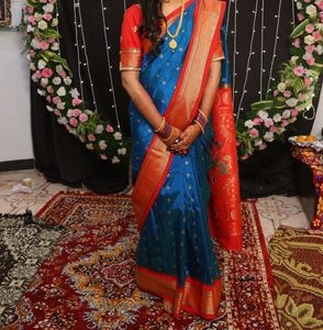 Beautiful Teal Saree with Red Border