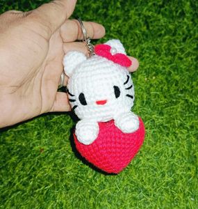 Cute Crochet Kitty with Heart keychain