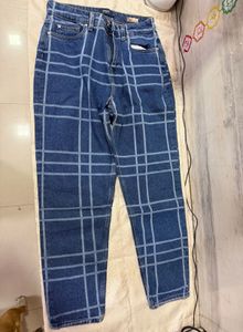 Blue Checkered Denim Jeans