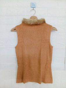 Tan Sleeveless Fur Collar Top