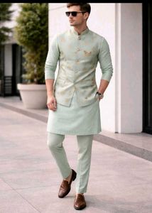 Men's Light Green Kurta Set with Nehru Jacket