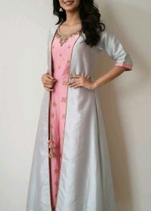Elegant Pink &amp; Gray Anarkali Suit