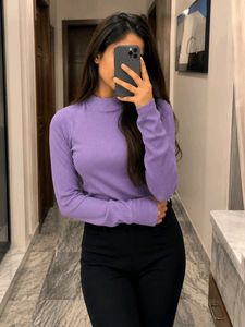 Purple Ribbed Mock Neck Long Sleeve Top