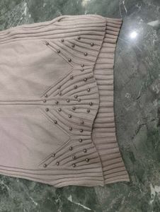 Beige Studded Knit Sweater Dress