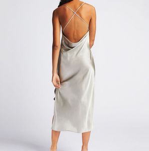 Silver Satin Cowl Neck Slip Dress