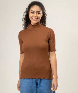 Brown Ribbed Mock Neck Top
